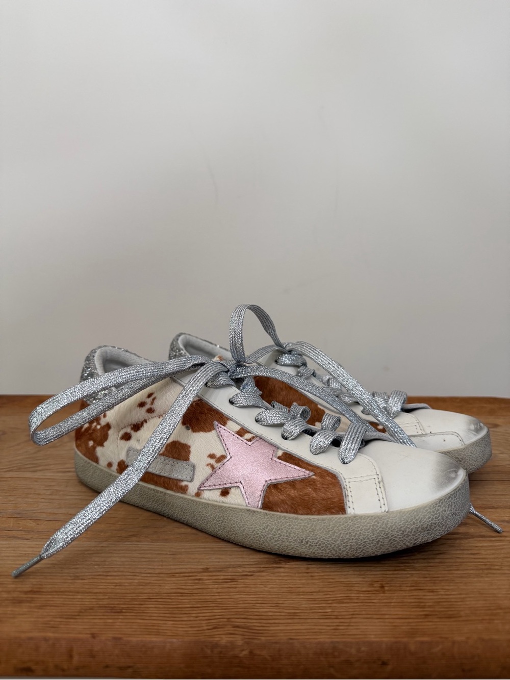 Golden Goose Superstar Leather Low Top Sneakers Cow Print Pink Star Women’s 40